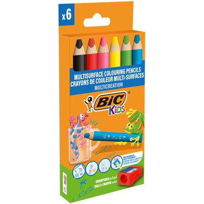 Kleurpotloden BicKids Multi Surface + puntenslijper assorti 6 stuks