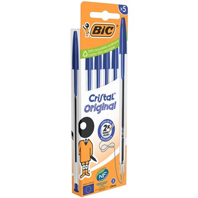 Stylo bille BIC Cristal Medium bleu blister 5 pièces