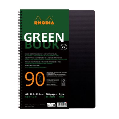 Cahier de notes Rhodia Greenbook A4 ligné 4 perforations 180 pages 90g noir