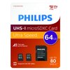 Carte mémoire Philips Micro SDXC Classe 10 UHS-I U1 64Go 2 pièces Photo