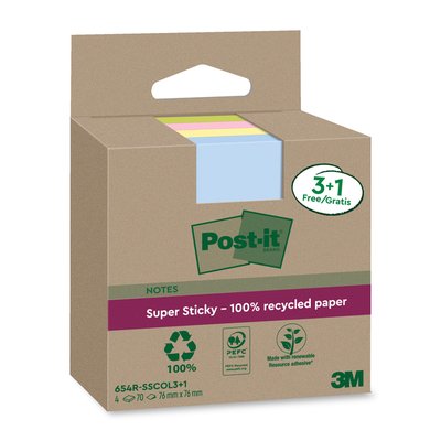 Memoblok 3M Post-it 654 RSSCOL 76x76mm assorti kleur 3+1 gratis