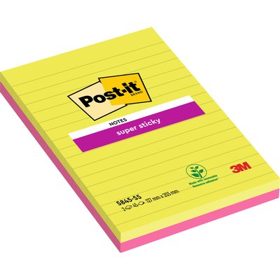 Memoblok 3M Post-it 5845 Super Sticky 127x203mm lijn assorti kleur 90 vel