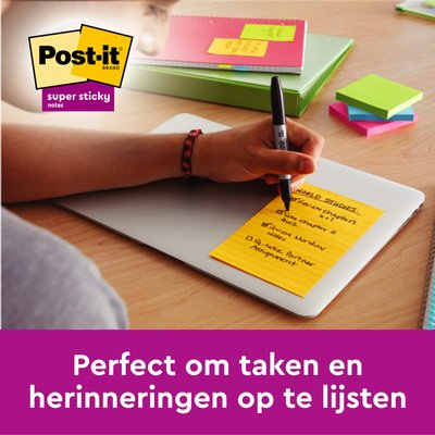 Memoblok 3M Post-it 5845 Super Sticky 127x203mm lijn assorti kleur 90 vel