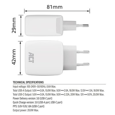 Oplader ACT 20w 2-poorts usb a+c wit