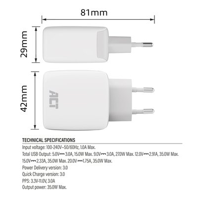 Oplader ACT 35w 1-poort usb c wit
