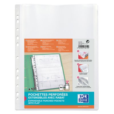 Pochette à soufflet Ocford A4 PP 200µ transparent avec rabat 10 pièces