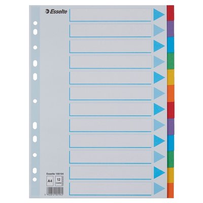 Intercalaire Esselte Standart A4 12 onglets 11 perf carton assorti