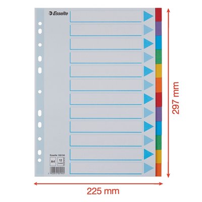 Intercalaire Esselte Standart A4 12 onglets 11 perf carton assorti