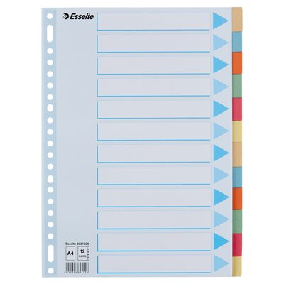 Intercalaire Esselte Premium A4 12 onglets 23 perf carton assorti