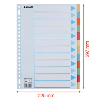Intercalaire Esselte Premium A4 12 onglets 23 perf carton assorti