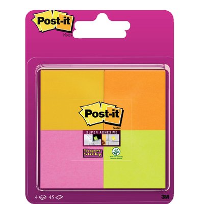 Memoblok Post-it 6910 Super Sticky 51x51mm assorti 4 stuks