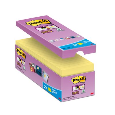 Memoblok Post-it 654 Super Sticky 76x76mm geel 14+2 gratis