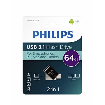 Clé USB 3.1 Philips 2-en-1 USB-C USB-A 64Go noir