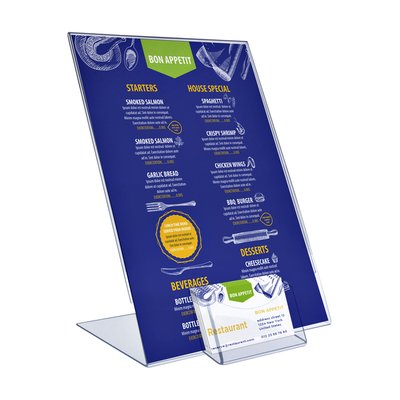 Présentoir de table Europel support L A4 portrait acrylique avec bac cartes de visite
