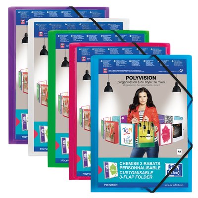 Chemise à élastique Oxford Polyvision A4 pochette d'insertion 3 rabats PP assorti