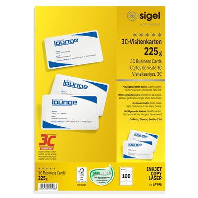 Cartes de visite Sigel 85x55mm uni 225g coins arrondis blanc 100 pièces