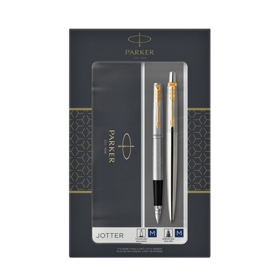 Balpen en vulpen Parker Jotter stainless steel GT medium 2 stuks