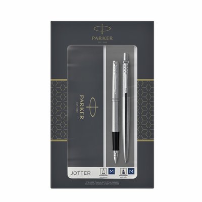 Balpen en vulpen Parker Jotter stainless steel CT medium 2 stuks