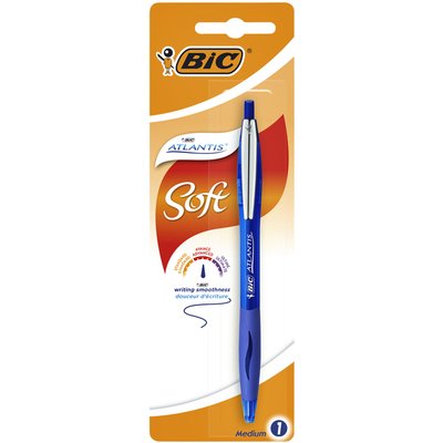 Stylo bille BIC Atlantis Soft Clip métal Clic Medium bleu blister 1 pièce
