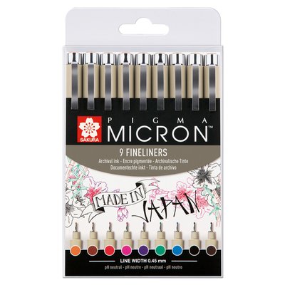 Fineliner Sakura Pigma Micron 05 0.45mm set à 9 kleuren