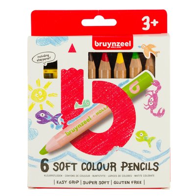 Crayon de couleur Bruynzeel Kids Soft + taille-crayon 6 couleurs