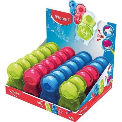 Taille-crayon Maped Loopy avec gomme 1 trou présentoir 24 pièces assorti