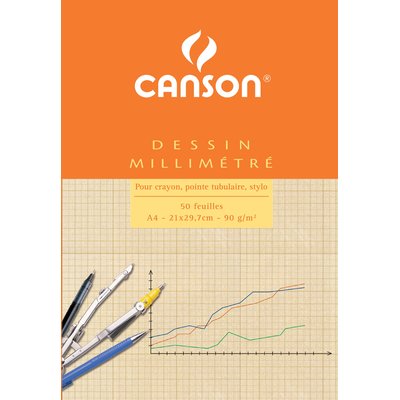 Millimeterpapier Canson bruingeel bedrukt 50vel 90gr A4 wit
