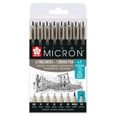 Fineliner Sakura Pigma Micron set 6 largeurs + feutre pinceau PN gratuit