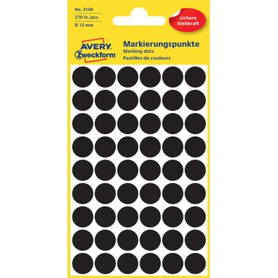 Etiket Avery 3140 rond 12mm zwart 270 stuks