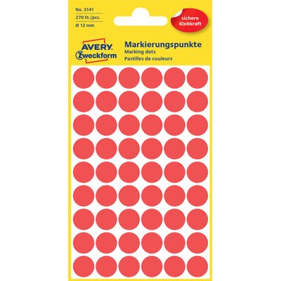 Etiket Avery 3141 rond 12mm rood 270 stuks