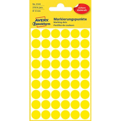 Etiket Avery 3144 rond 12mm geel 270 stuks