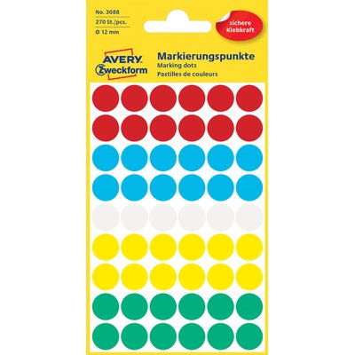 Etiket Avery 3088 rond 12mm assorti 270 stuks