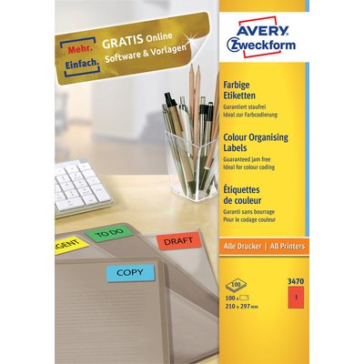 Etiquette Avery 3470 210x297mm A4 rouge 100 pièces