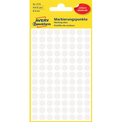 Etiket Avery 3175 rond 8mm wit 416 stuks