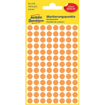Etiket Avery 3178 rond 8mm oranje 416 stuks