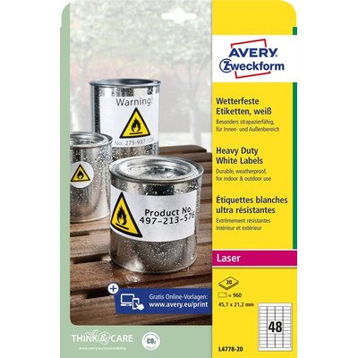 Etiket Avery L4778-20 45.7x21.2mm polyester wit 960 stuks