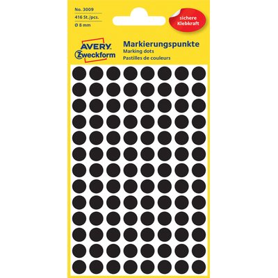 Etiket Avery 3009 rond 8mm zwart 416 stuks