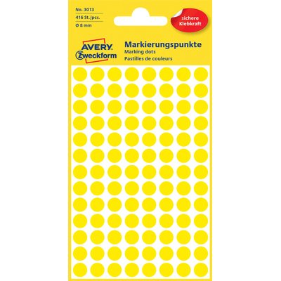 Etiket Avery 3013 rond 8mm geel 416 stuks