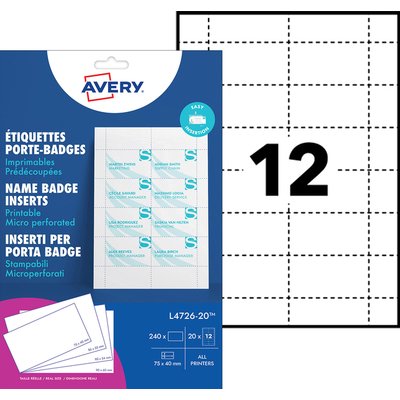 Insert pour badge Avery L4726-20 40x75mm micro perforation 20 feuilles