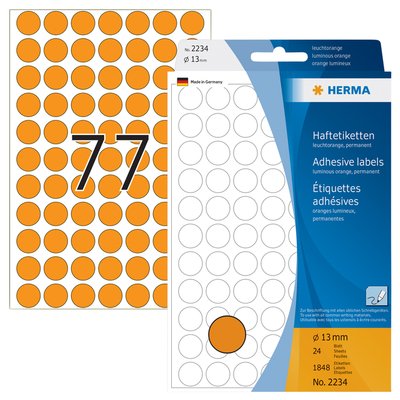 Etiquette HERMA 2234 rond 13mm orange fluo 2464 pièces