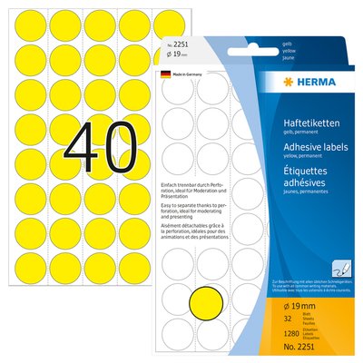Etiquette HERMA 2251 rond 19mm jaune 1280 pièces