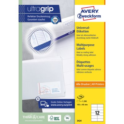 Etiket Avery 3424 105x48mm wit 1200 stuks