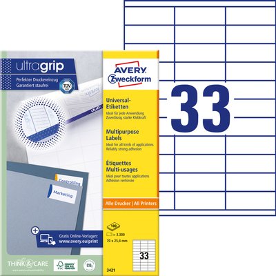 Etiket Avery 3421 70x25.4mm wit 3300 stuks