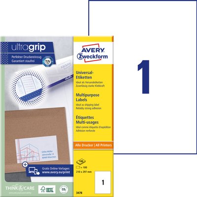 Etiquette Avery 3478 210x297mm A4 blanc 100 pièces
