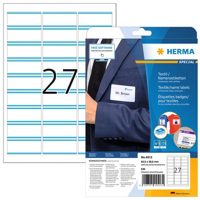 Etiquette badge HERMA 41513 63,5x29,6mm blanc/bleu 540 pièces