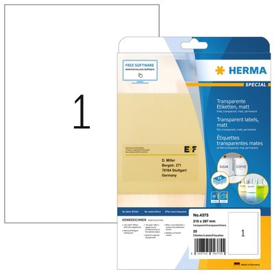 Etiquette HERMA 4375 210x297mm A4 transparent 25 pièces