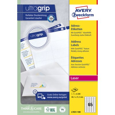 Etiket Avery L7651-100 38.1x21.2mm wit 6500 stuks