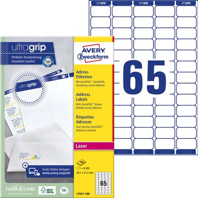 Etiket Avery L7651-100 38.1x21.2mm wit 6500 stuks