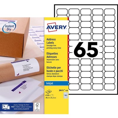 Etiket Avery J8651-100 38.1x21.2mm wit 6500 stuks