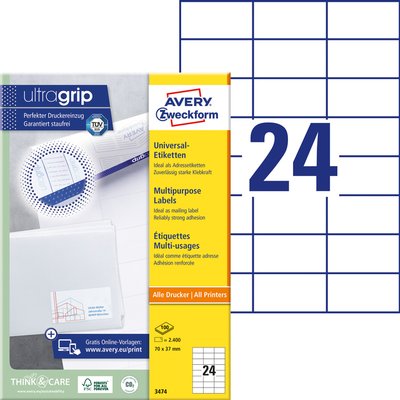 Etiket Avery 3474 70x37mm wit 2400 stuks